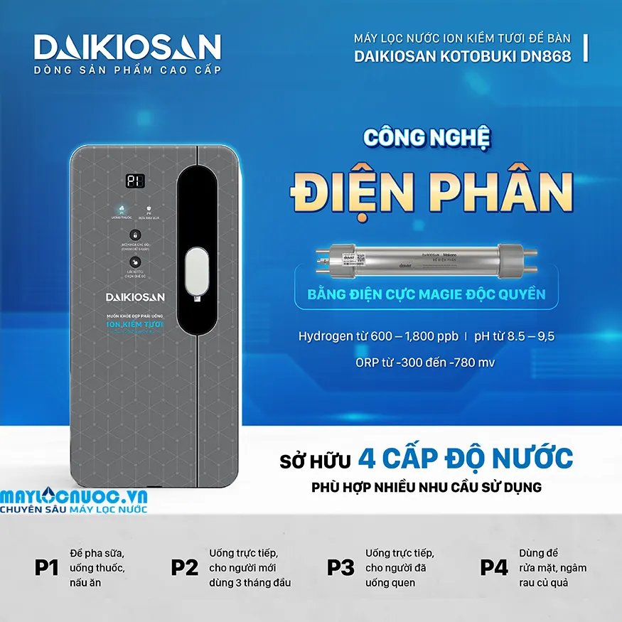 Máy lọc nước ion kiềm tươi để bàn Daikiosan DN868 - 7 lõi lọc
