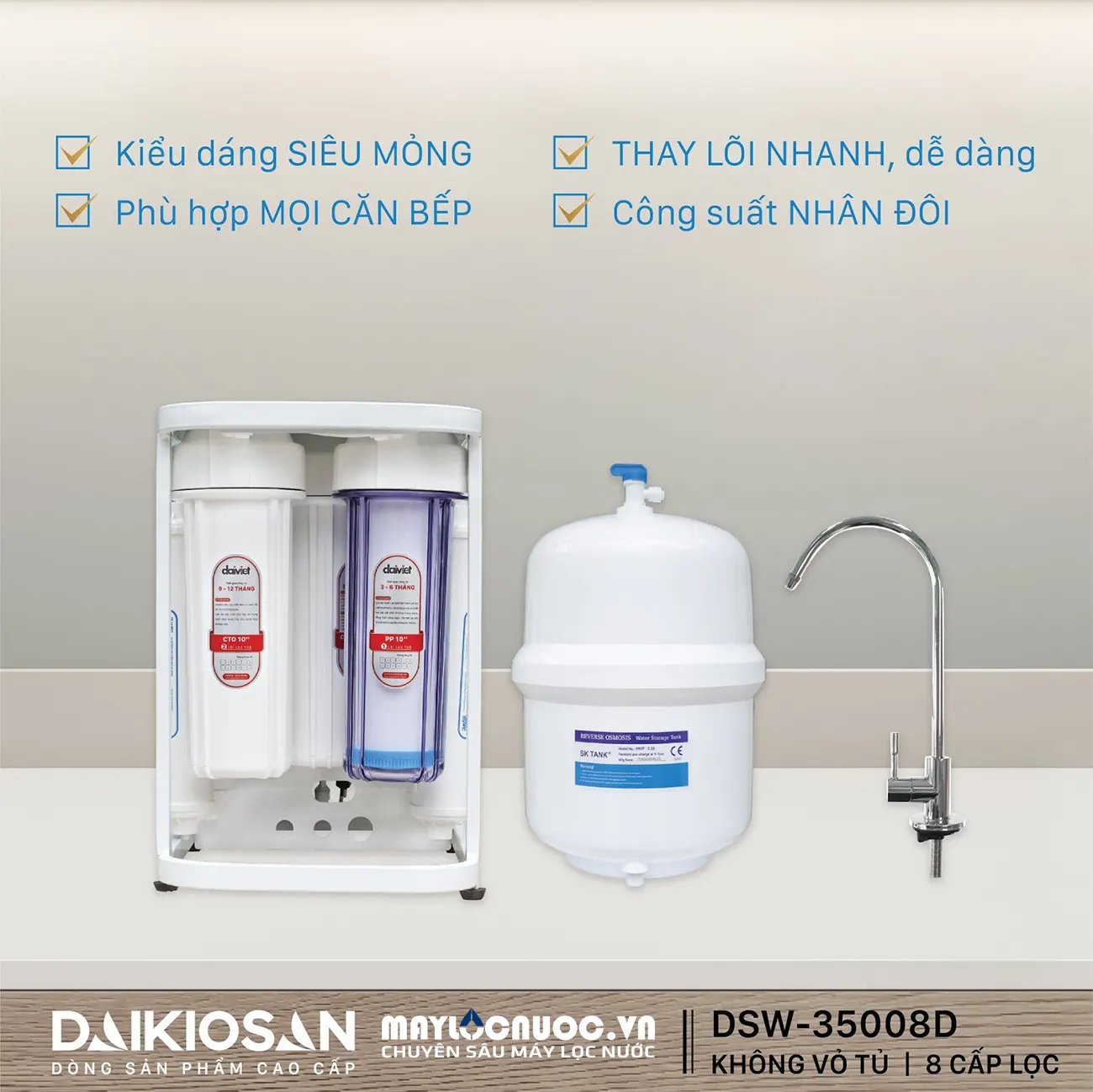 Máy lọc nước RO dùng cốc không vỏ tủ Daikiosan DSW-35008D