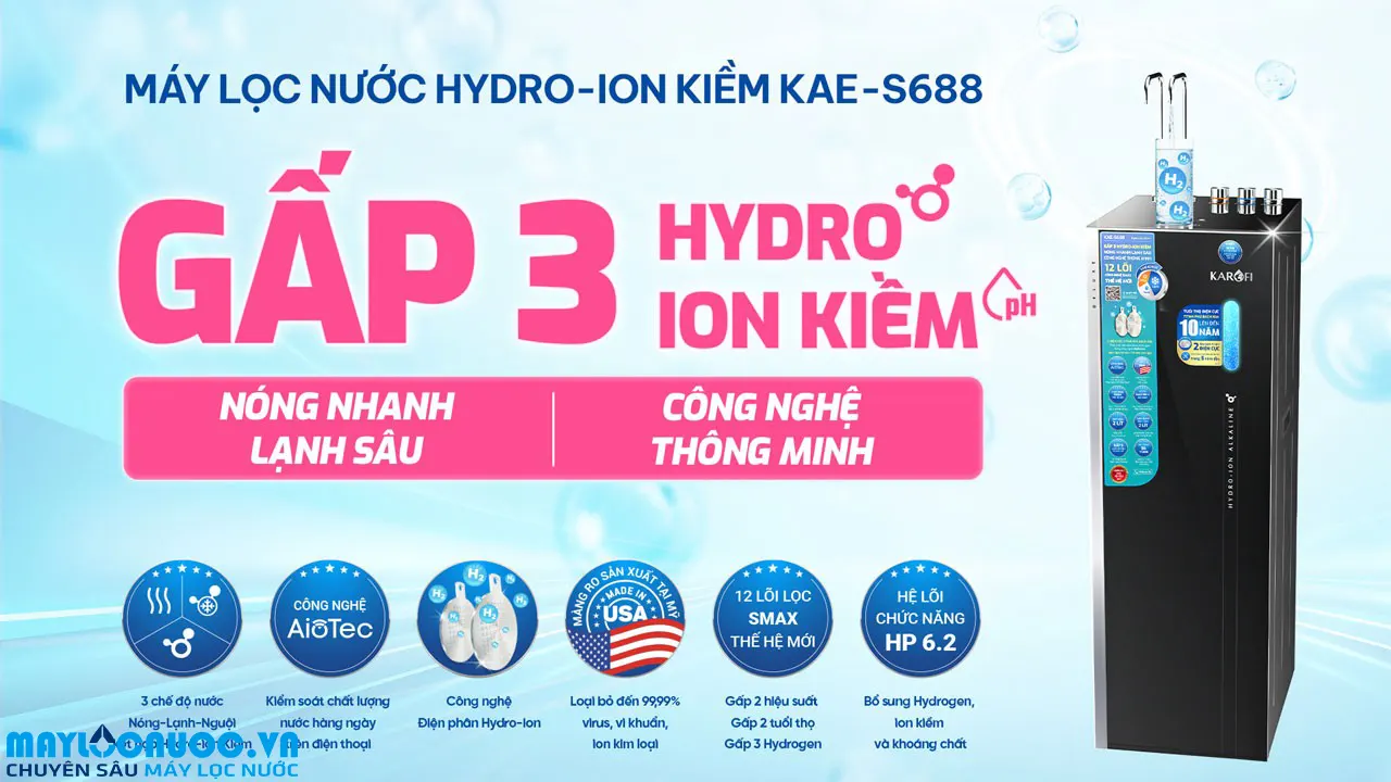 Máy lọc nước Hydro-ion kiềm nóng lạnh Karofi KAE-S688
